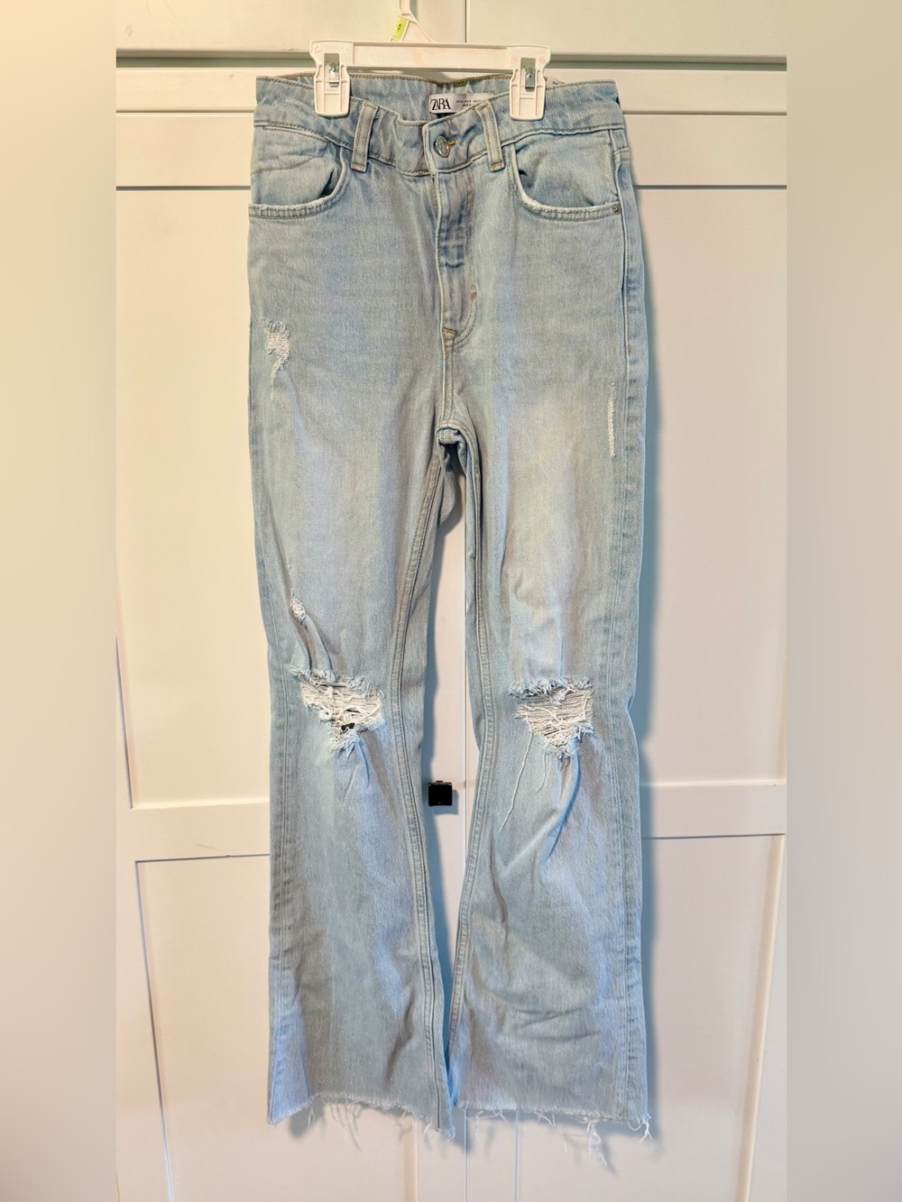 Zara Light Blue Flare Jeans with Distressed Knees